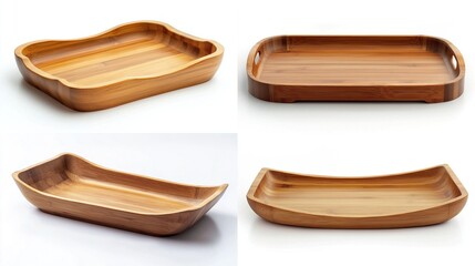 Four wooden serving trays, various shapes and sizes, isolated on white.