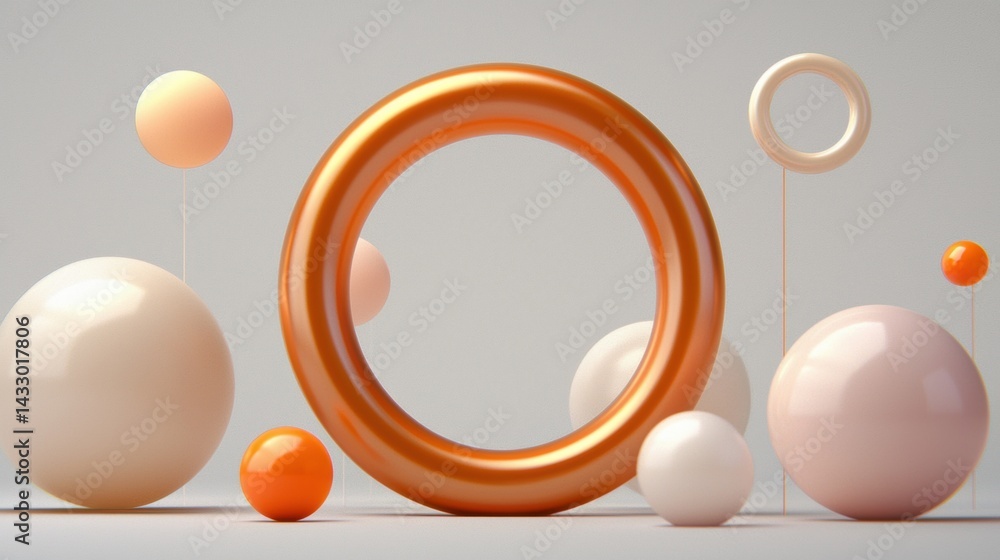 Poster a 3d rendering of a metallic orange ring surrounded by various sized spheres.
