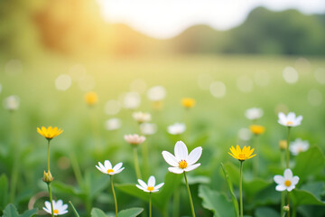 Sunlit Wildflowers Field Close-up in White and Yellow Evoking Serene Springtime