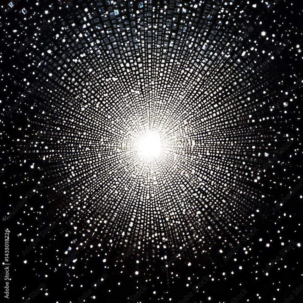 Poster bright light radiates through a multitude of shimmering particles in a dark expanse, creating an enc
