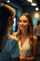 Fototapeta premium Woman checking her appearance in mirror-like shop display, appearance, retail, fashion