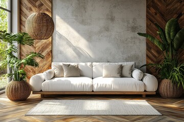 Minimalist white sofa in a cozy living room with wooden accents
