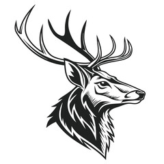 Elegant Black and White Deer Head with Antlers, Wildlife Silhouette, Nature Icon, Art