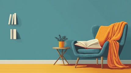 Fototapeta premium Flat design of a cozy reading nook with a chair, book, and coffee mug 