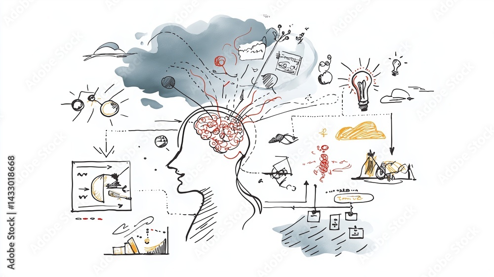 Poster Mind map illustration with ideas exploding from a central thought