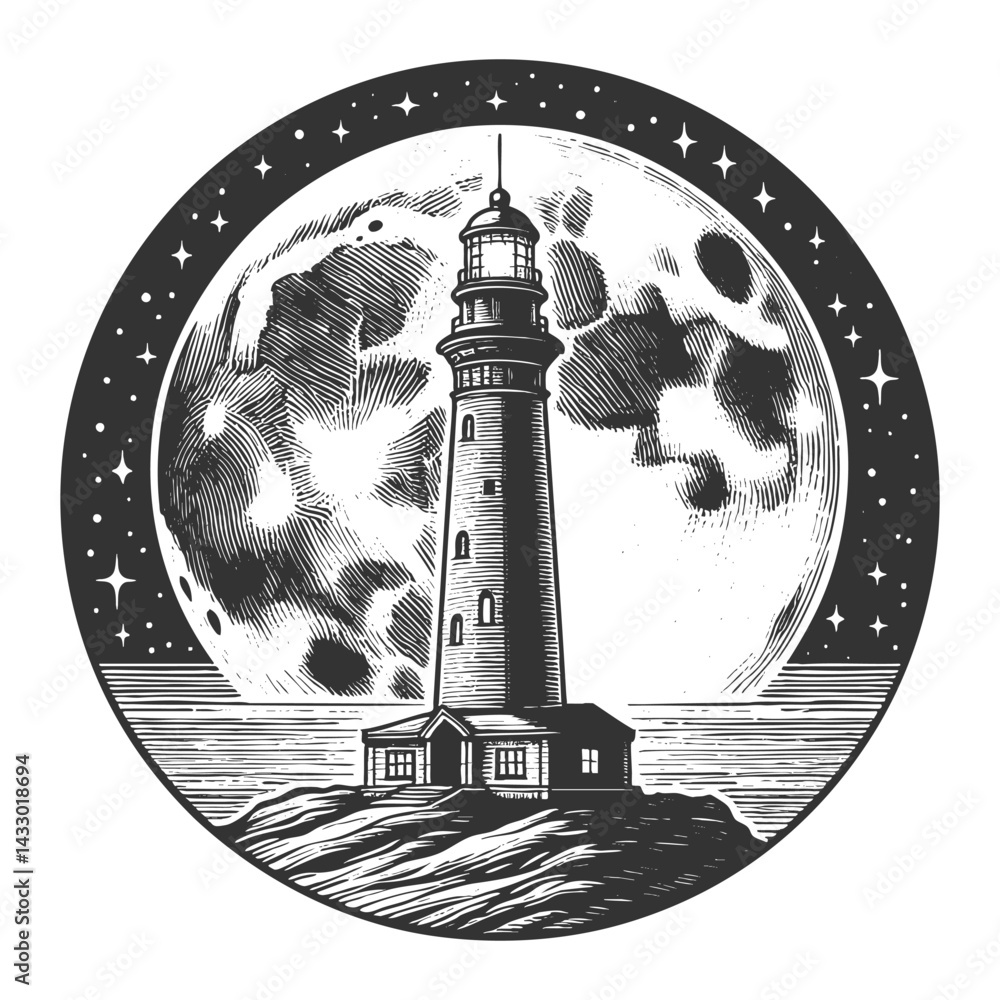 Poster tall lighthouse standing on ocean waves with a massive, cratered moon in the background sketch engra