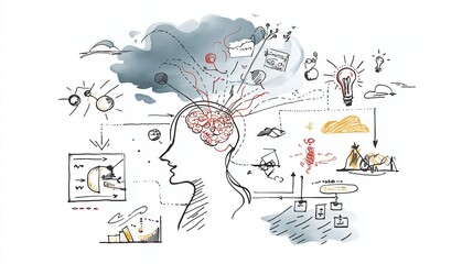 Mind map illustration with ideas exploding from a central thought