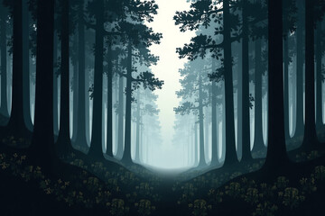 Obraz premium Stylized Forest Path Receding into Mist in Muted Cool Tones Representing Tranquil Solitude