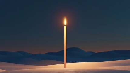 Fototapeta premium A lone candle illuminates a desert landscape at night.