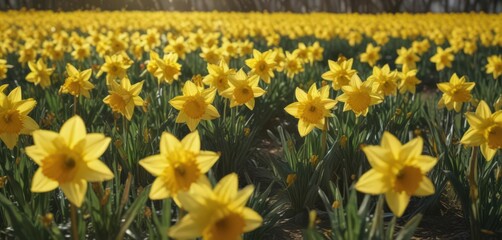 Obraz premium Sunlit field of vibrant yellow daffodils in full bloom, petals glistening , bright yellow, close-up, texture