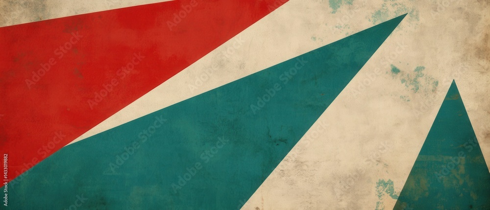 Poster retro geometric background with red, teal, and beige triangles in a vintage style, creating a dynami