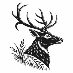 Striking Stag Antlered Deer Head in Profile with Ornamental Grass Silhouette Design