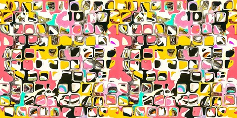 Naklejka premium Abstract blotched random mosaic shape square seamless border pattern. Dense grungy mottled effect fabric texture design with tileable banner print. For speckled impressionism style ribbon trim edge.