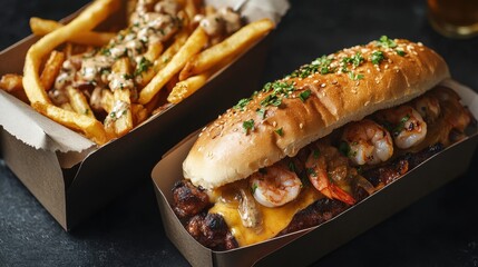 A shrimp sandwich with a creamy sauce and herbs, served with french fries in a takeout box.