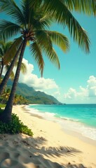 Vintage toned palm trees on a tropical sandy beach with waves in the background , tropical, palm, tree