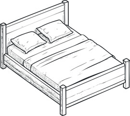 Black and white line drawing of a double bed with pillows and blanket in a wooden frame, suitable for home interior or bedroom furniture concepts.