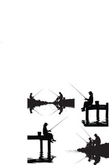 Fototapeta premium Family Fishing Silhouette Boat Fisherman Fishing Graphic