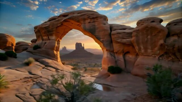 T/L 4K Sunrise over a sandstone arch formations 4K stock video,Motion control time lapse shot of beautiful sunrise illuminating sandstone arch formations at the Arches National Park. Utah. Western USA