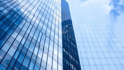 Fototapeta premium A tall building with a beautiful glass facade under a clear blue sky in urban setting