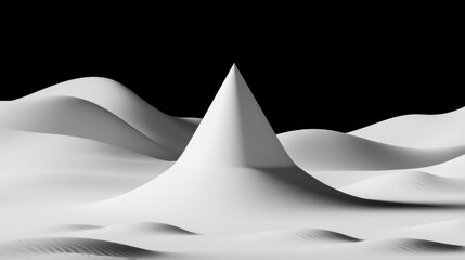 A 3D rendering of a white, abstract landscape with a central, pointed peak.