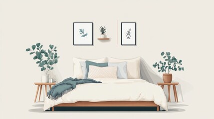 Flat design of a cozy bed with soft pillows and blankets, minimal color scheme 