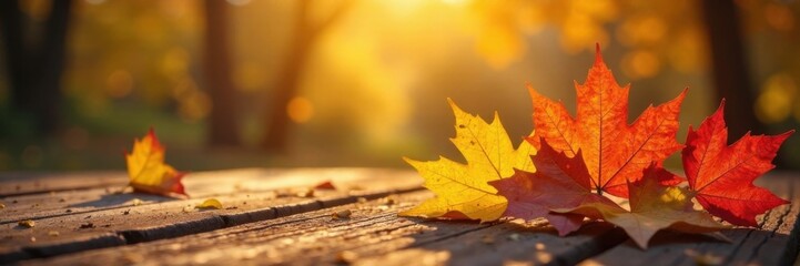 Warm golden light filters through autumn leaves on a rustic wooden table, autumn, wood, lighting