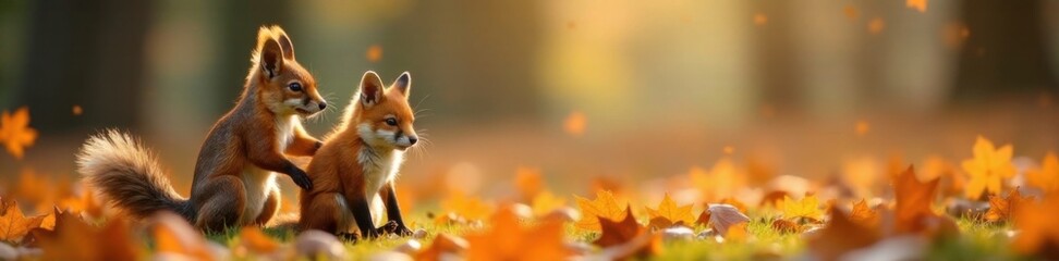 Squirrels and foxes playing together in autumn, autumn park, outdoor play, playful creatures