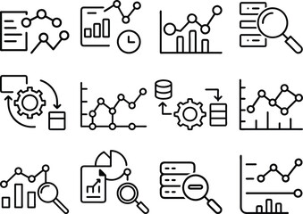 Data Analytics and Graph Icons Se.  Line Chart, SEO, Database, and Magnifying Vector Symbols