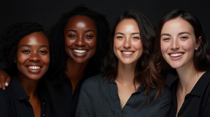Fototapeta premium Four women smile together in a close-knit portrait showcasing diversity, joy, and friendship against a dark backdrop
