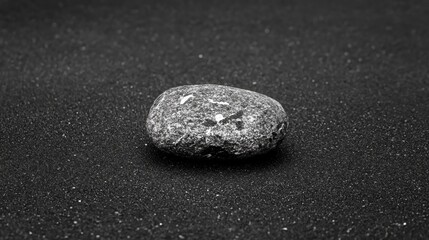 A black and white photo of a rock on a beach.