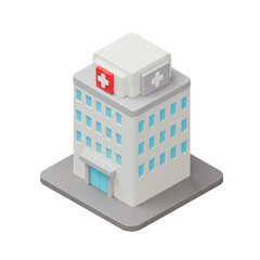 Fototapeta premium Isometric Medical Building 3D Icon with Red Cross Sign