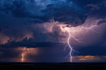 Dramatic Thunderstorm Lighting Up the Sky with Striking Lightning Bolts in Deep Blue and Purple Tones