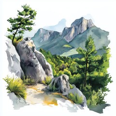 Theth National Park. Theth National Park hand drawn watercolor illustration