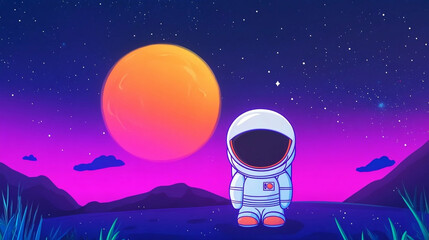 Naklejka premium Little astronaut standing on an abstract planet at night against night starry sky