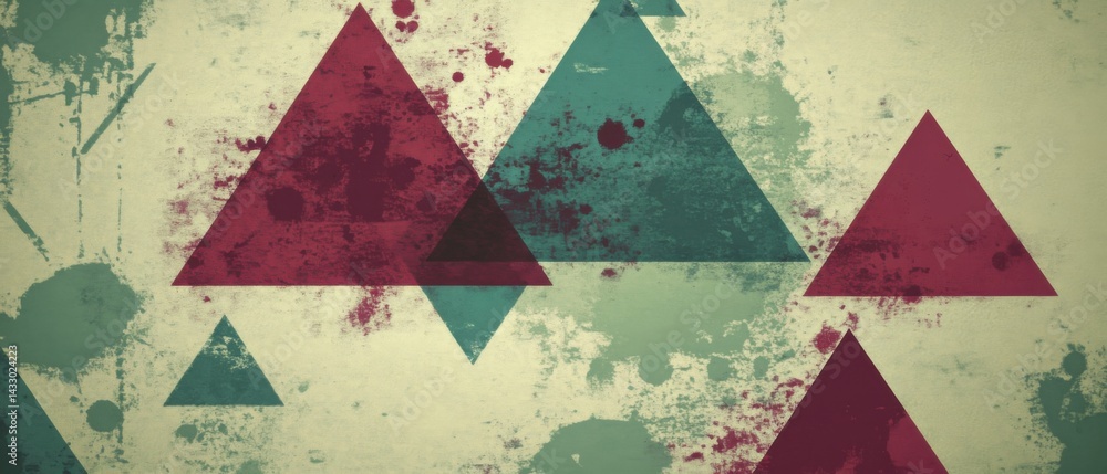 Poster grunge triangle pattern background with retro color palette and distressed texture for vintage desig