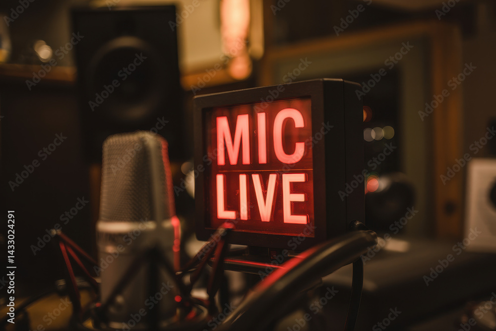 Poster dynamic live recording studio with illuminated microphone sign in warm ambient lighting
