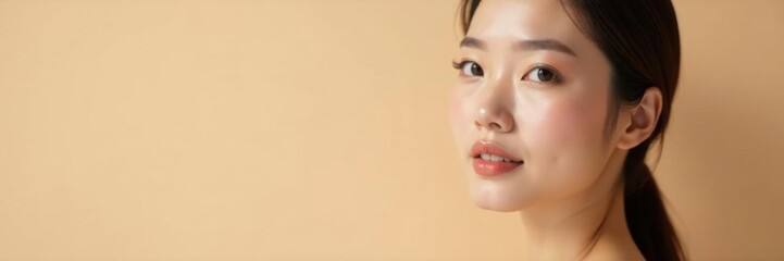 Stunning woman with porcelain skin and Asian appearance smoothes out flawless makeup on a neutral beige backdrop,  beauty,  makeup,  flawless