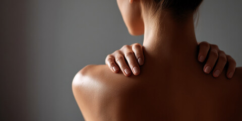 Close-up of smooth, tanned skin texture, hands gently touching shoulders, showcasing healthy, radiant appearance, ideal for beauty or wellness concepts