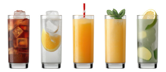 Five assorted chilled beverages in tall glasses with ice and fresh garnishes.