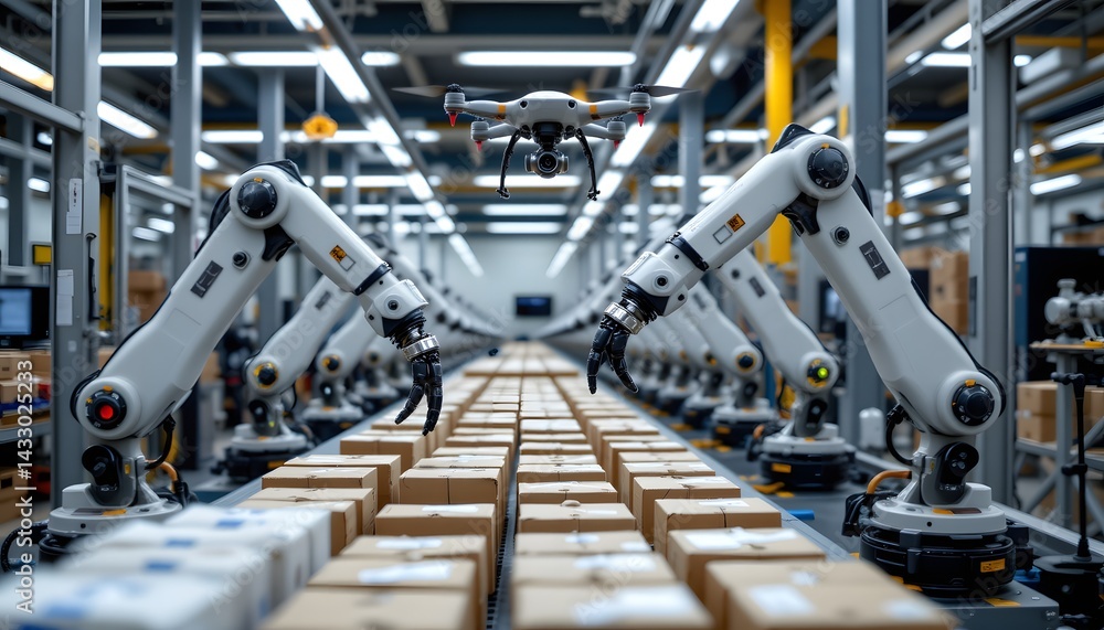Poster robotic arm efficiently packaging products with synchronized motion in a manufacturing setting
