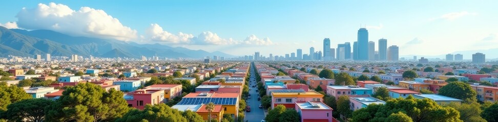 Obraz premium Bright cityscape filled with colorful buildings and solar PV panels, city background, urban scene, modern