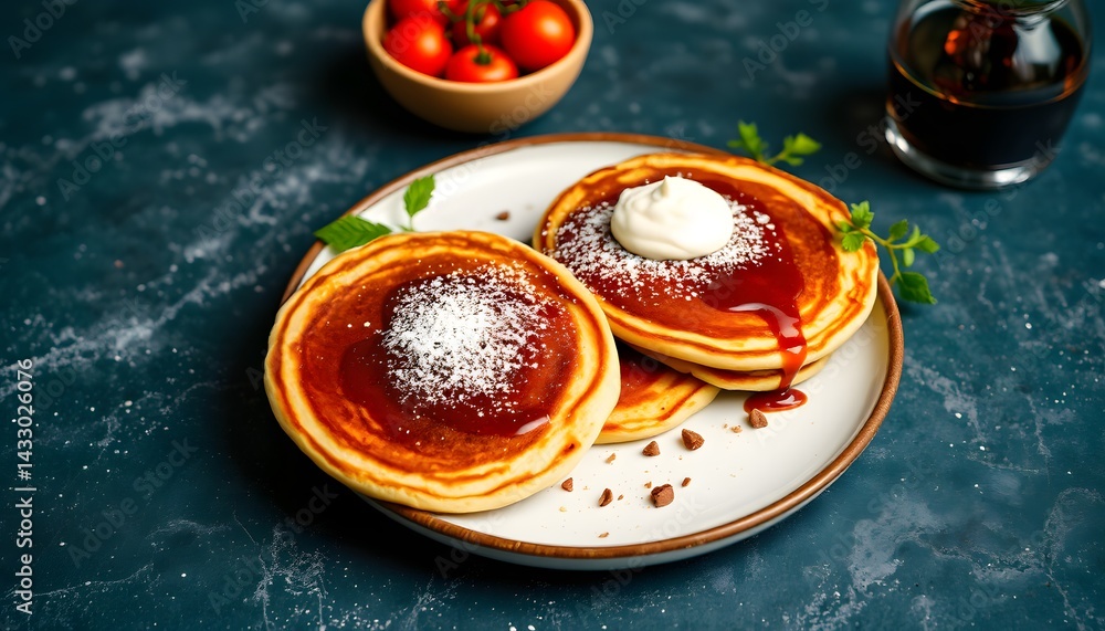 Poster stack of fluffy pancakes topped with syrup and whipped cream with copy space available