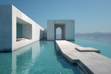 Obraz premium Modern minimalist architecture with clean lines and geometric shapes, set against a tranquil natural backdrop.