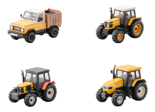 Four toy farm vehicles including tractors and a truck in various colors.