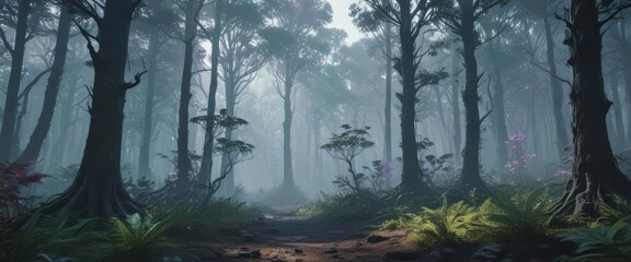 Eerie holographic forest, spectral plants, alien atmosphere , art, surreal, setting