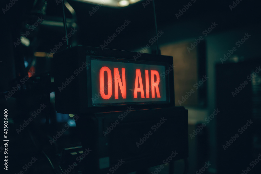 Poster illuminated 'on air' sign in dark studio setting with moody lighting for broadcasting enthusiasts
