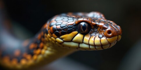 Fototapeta premium Snake's head with prominent scales, small eyes, and a thin neck, in a close-up view, blue, serpent