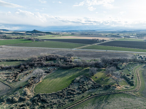 Aerial landscape of rural farming and ranching area. Bridger, Montana
