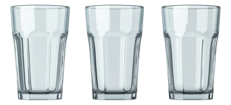 Three empty transparent drinking glasses arranged in a row.