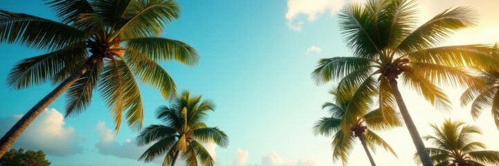Palm trees sway gently in the tropical breeze, blue sky, idyllic